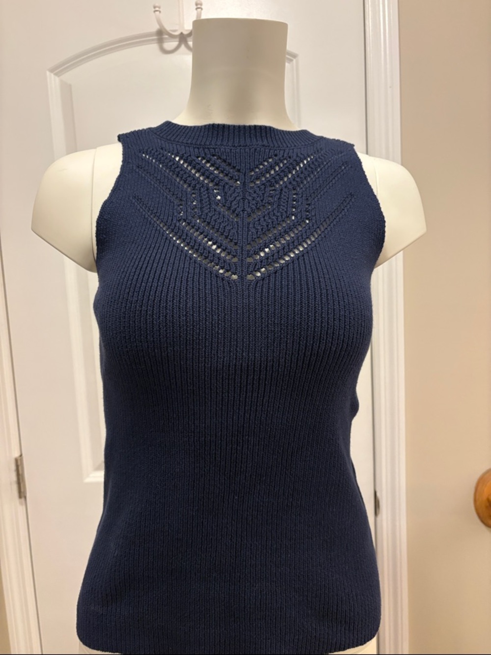 LOFT Navy Sleeveless Knit Tank with Eyelet Detail